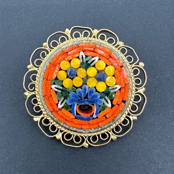 Vintage Italian Micro Mosaic Floral Brooch Scarf Hair Pin - Picture 9 of 9
